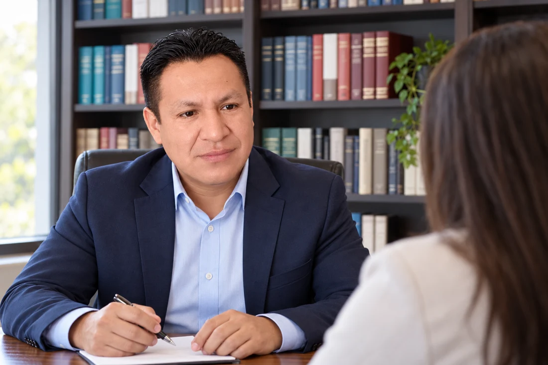 Recreación del abogado conversando con una persona en consulta